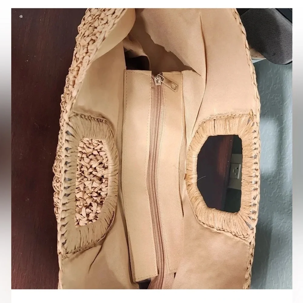 Woven Straw Half-Moon Hobo Tote in Natural Tan